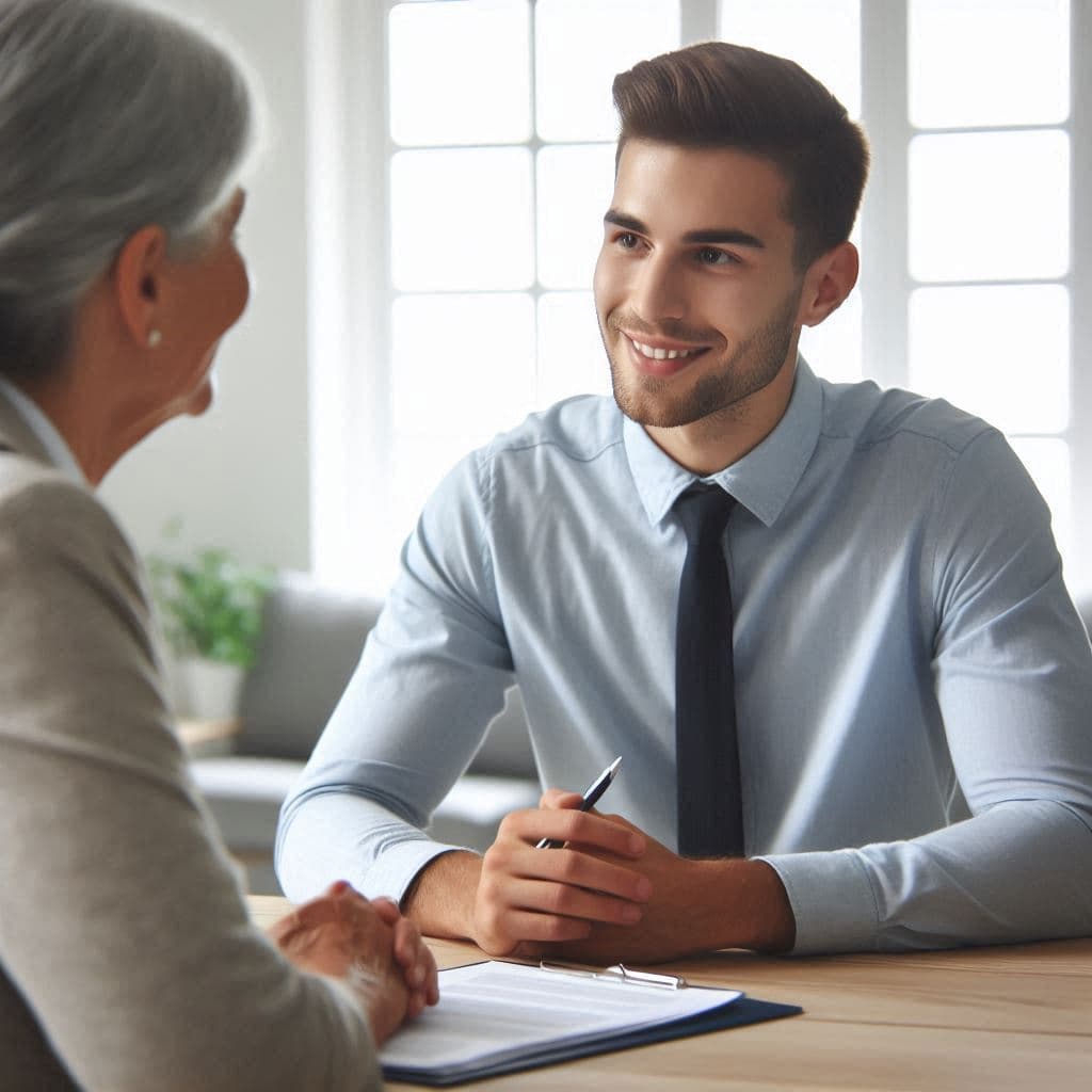 Un agente de seguros amigable consultando con un cliente